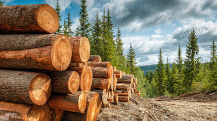 Logs stacked in a forest area with trees in the background during the day