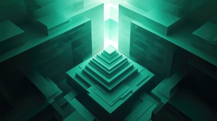 Abstract multi layered geometric block structure rising in a pyramid shape within a complex teal toned environment, featuring a bright light source from above, symbolizing growth and direction