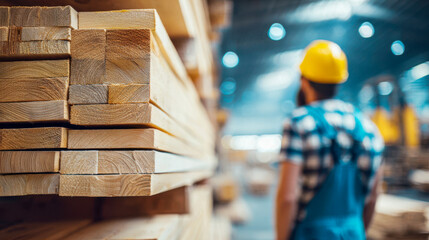 Worker observes stacked wooden planks in a lumber yard during the day while wearing a hard hat and a checkered shirt