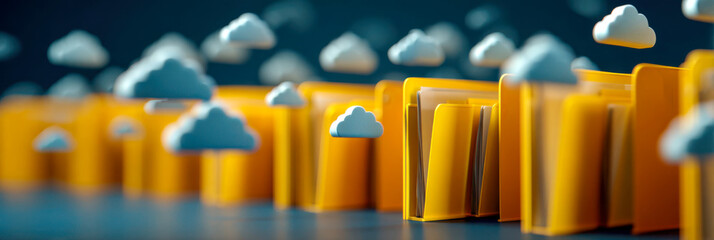 Cloud storage with yellow folders and floating clouds in a tech workspace showing digital organization and data management
