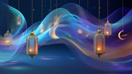 Glowing Ramadan Lanterns With Crescent Moon Dark Background