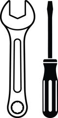 Wrench and Screwdriver Black and White Illustration, Simple Line Art Tools, Repair Icon