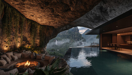Fototapeta premium Luxurious cave dwelling with infinity pool and stunning waterfall views at dusk