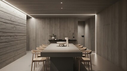 brutalism dining room interior with heavy concrete dining table paired
