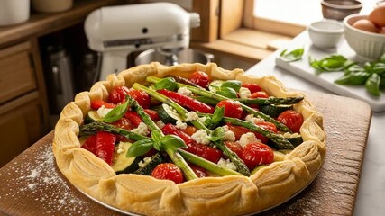 Delicious homemade vegetable tart with fresh tomatoes and basil on wooden board