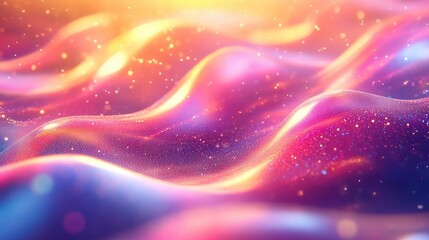 Abstract wavy forms creating a dynamic, fluid landscape, appearing vibrant with dazzling glitter particles and presenting a smooth gradient of glowing pink, purple, and orange light