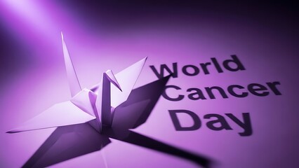 World cancer day text on purple surface next to a delicate paper origami crane