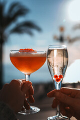 Two hands holding elegant cocktail glasses, one with vibrant orange drink garnished with flower, the other with sparkling beverage, against a sunlit outdoor backdrop, celebrating joyful moments