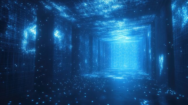 Glowing blue lines and particles form a futuristic tunnel of data and light, visualizing cloud computing, virtual reality networks, blockchain and fast digital information flow - Powered by Adobe