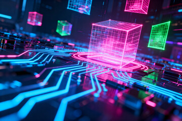 Neon-lit Circuit Board with Glowing Cubes