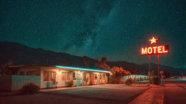A nostalgic motel under a starry night sky, with a neon sign glowing brightly. A sense of travel and solitude pervades the scene, as mountains can be seen in the distance