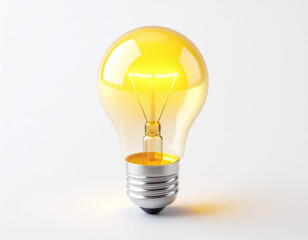 Lit incandescent light bulb with glowing filament and metallic base on a light gray background, symbolizing ideas, innovation, illumination, creativity, and energy.