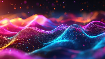 Abstract colorful particles forming undulating digital waves, representing data flow, network communication, artificial intelligence, and spectrum analysis in a vibrant, futuristic background