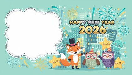 New year celebration 2026 city skyline festive animation colorful environment whimsical viewpoint joyful concept for seo impact