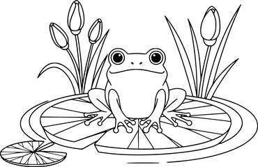 Naklejka premium Cute Frog on Lily Pad Vector Outline Pond Nature Illustration for Kids Coloring Book Page 