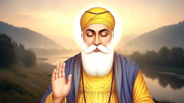 A revered male adult spiritual leader, guru nanak dev ji, meditates with closed eyes in a serene natural setting. His hand is raised in a gesture of spiritual blessing and peace