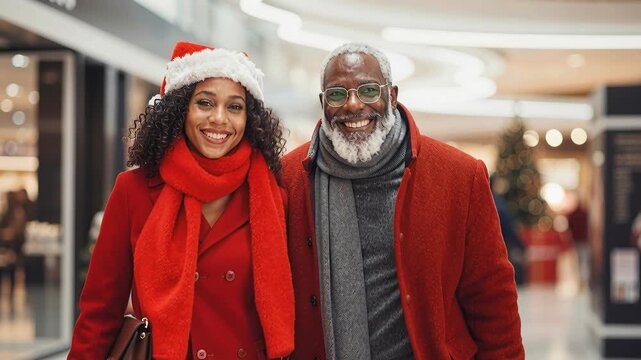 Two smiling seniors man and woman in red coats, scarves, and Santa hats enjoy each others company at mall during Christmas season, festive lights, joyful family moment, winter celebration, holiday spi