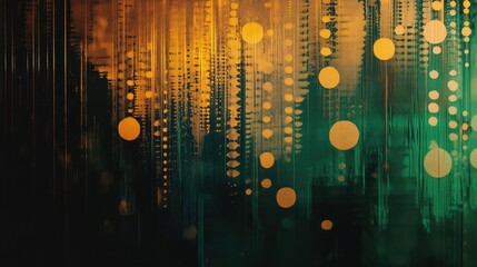 Abstract digital particles resembling light forms are glowing and flowing downwards, creating a vibrant, dynamic background with a transition from warm golden yellow to cool dark green tones