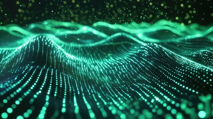 Digital particles forming an abstract wave array, generating a futuristic technological background representing data flow, big data, and artificial intelligence visualization