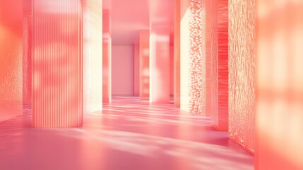 Naklejka premium Abstract interior featuring a long corridor with textured columns and soft light reflecting on the polished pink floor, creating subtle patterns and an ethereal atmosphere