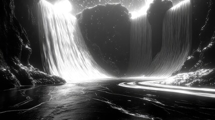 Dark abstract landscape featuring glowing waterfalls pouring into a reflective cosmic river, creating a dramatic contrast and ethereal, futuristic atmosphere