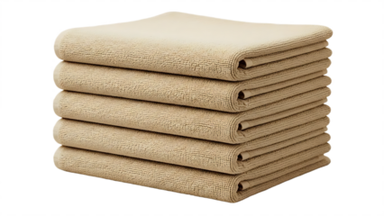 Stack of neatly folded beige towels soft fabric texture perfect for spa bathroom or home decor isolated on white background