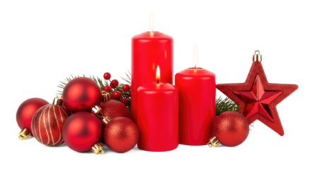 Three red candles with lit flames and Christmas ornaments on a white background.