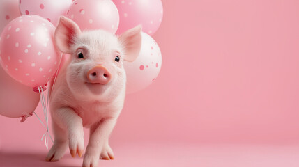 Bright pig holding pastle balloons in a minimal open space