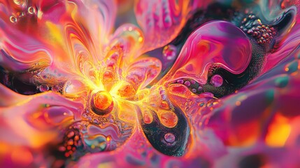 Vibrant liquid forms an abstract pattern, creating a dynamic background with swirling colors, glowing accents, and numerous small bubbles in various sizes