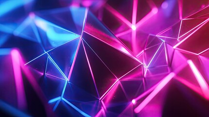 Abstract geometric plexus of interconnected polygonal shapes lit by vibrant blue and pink neon glow, creating a dynamic, futuristic digital background for tech themes