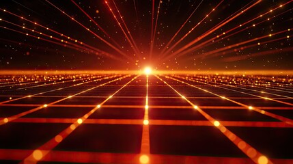 Digital data grid emitting and receiving light rays, representing connection, communication, and information flow in a bright red and orange abstract technology background