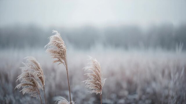 Swaying three frosted pampas grass seed heads in marsh, breeze lifting snowflakes and bending stems