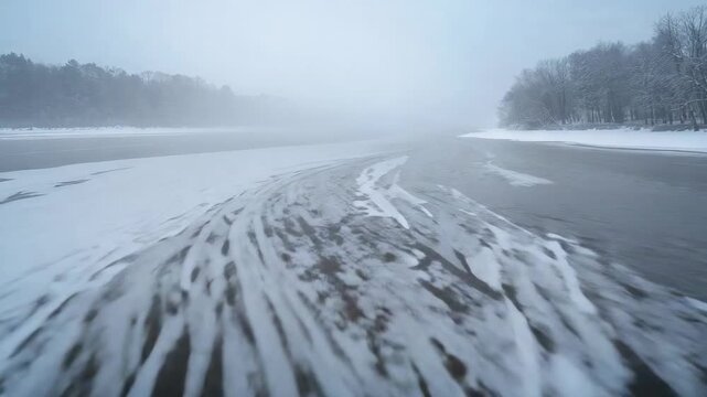 Engine thrust creating wake, vessel pushing through frozen river, moving slush to navigate channel