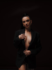 Obraz premium Confident Stylish Woman Open Black Blazer Glamour Portrait