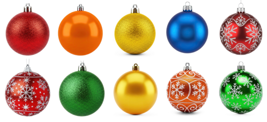 Collection of different colorful Christmas baubles on transparent background png