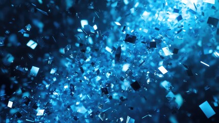Reflective blue particles and glowing fragments form a dynamic stream like cloud against a deep blue backdrop, evoking digital data flow, futuristic technology, and sparkling energy