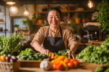 Fototapeta premium Smiling Asian woman farmer in apron preparing fresh organic vegetables at market stall. A cheerful woman is surrounded by an abundance of fresh, healthy produce.