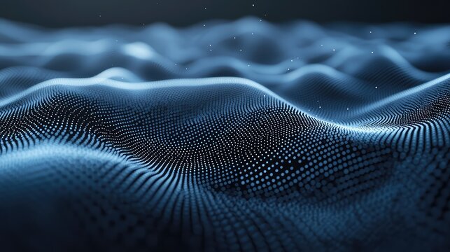 Abstract wavy surface generates a grid of glowing dots representing interconnected information, big data, and a futuristic technology landscape with flowing digital particles - Powered by Adobe