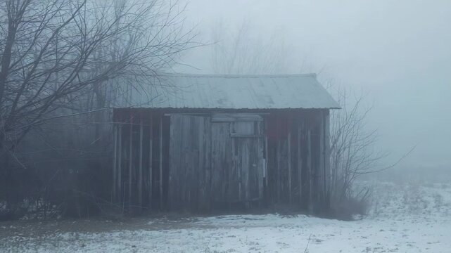 Fog rolling in, weathered shed sitting at field edge with corrugated roof, obscuring distant field