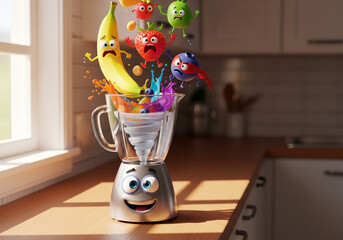 Excited cartoon blender happily preparing a colorful smoothie as panicked fruit characters fall into the vortex