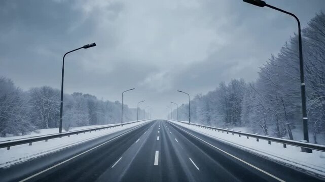 Advancing camera moving forward along multi lane highway, guardrails and lamps framing snowy trees