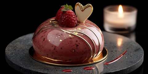 Raspberry mousse dome with mirror glaze and gold leaf rests on a dark stone plate. A single sugar heart and candlelight create refined Valentine elegance.