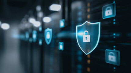 A digital shield of cyber security, with modern data center environment with servers and network hardware. protecting and encrypting digital assets.