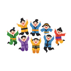 Group of smiling cartoon children in judo belts jumping. Great for kids martial arts classes, sports events, or educational materials.