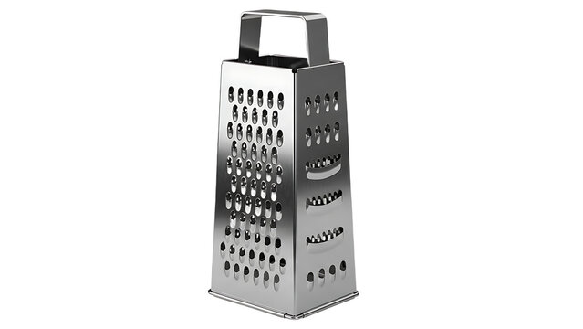 Stainless steel box grater with handle a kitchen utensil for grating cheese and vegetables isolated on a white background