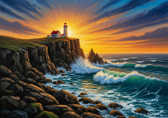 Dramatic fantasy illustration of a lighthouse on a rocky cliff overlooking a stormy ocean at sunrise or sunset