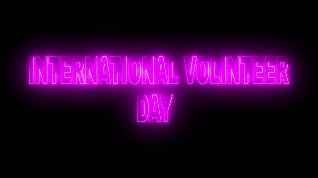 Glowing neon pink color international Volunteer day icon animation on black background.4k motion video animation.