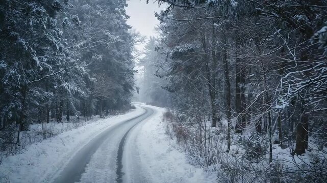 Camera tracking snowy winding road toward misty bend in pine forest to reveal parallel tire tracks