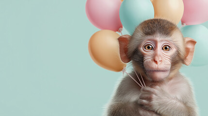 Cute baby monkey holding balloons on soft pastel background