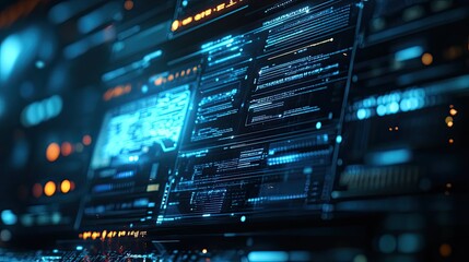 Digital screens with glowing code, data streams and abstract graphics visualize cybersecurity, software development, ai and network analytics in a futuristic blue toned tech interface background